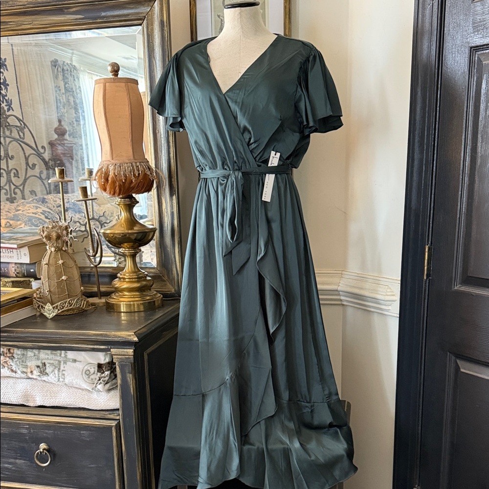 Dark forest green Wrap Maxi Dress with Tie Waist